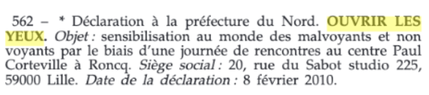 JO Association RF Déclaration OUVRIR LES YEUX 8 février 2010